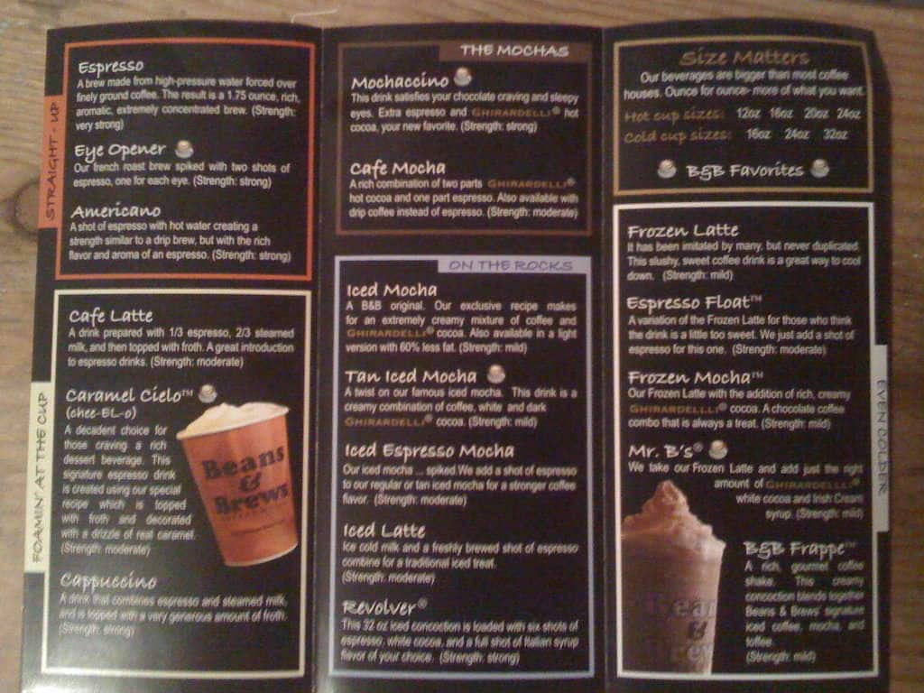Beans \u0026 Brews Coffee House Menu