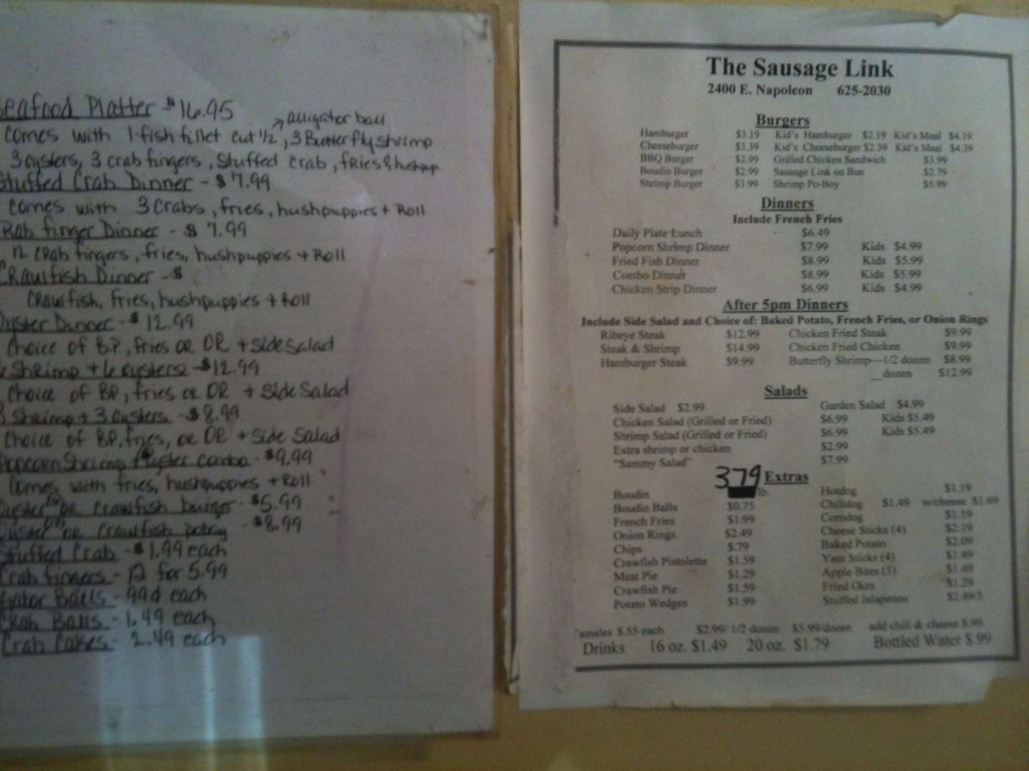 Menu at Sausage Link restaurant, Sulphur