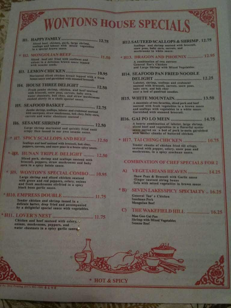 Menu at Wontons restaurant, Wakefield, White Mountain Hwy