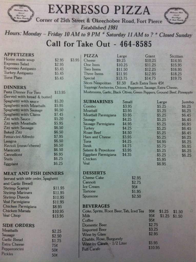 Expresso Pizza Menu, Menu for Expresso Pizza, Fort Pierce, Treasure