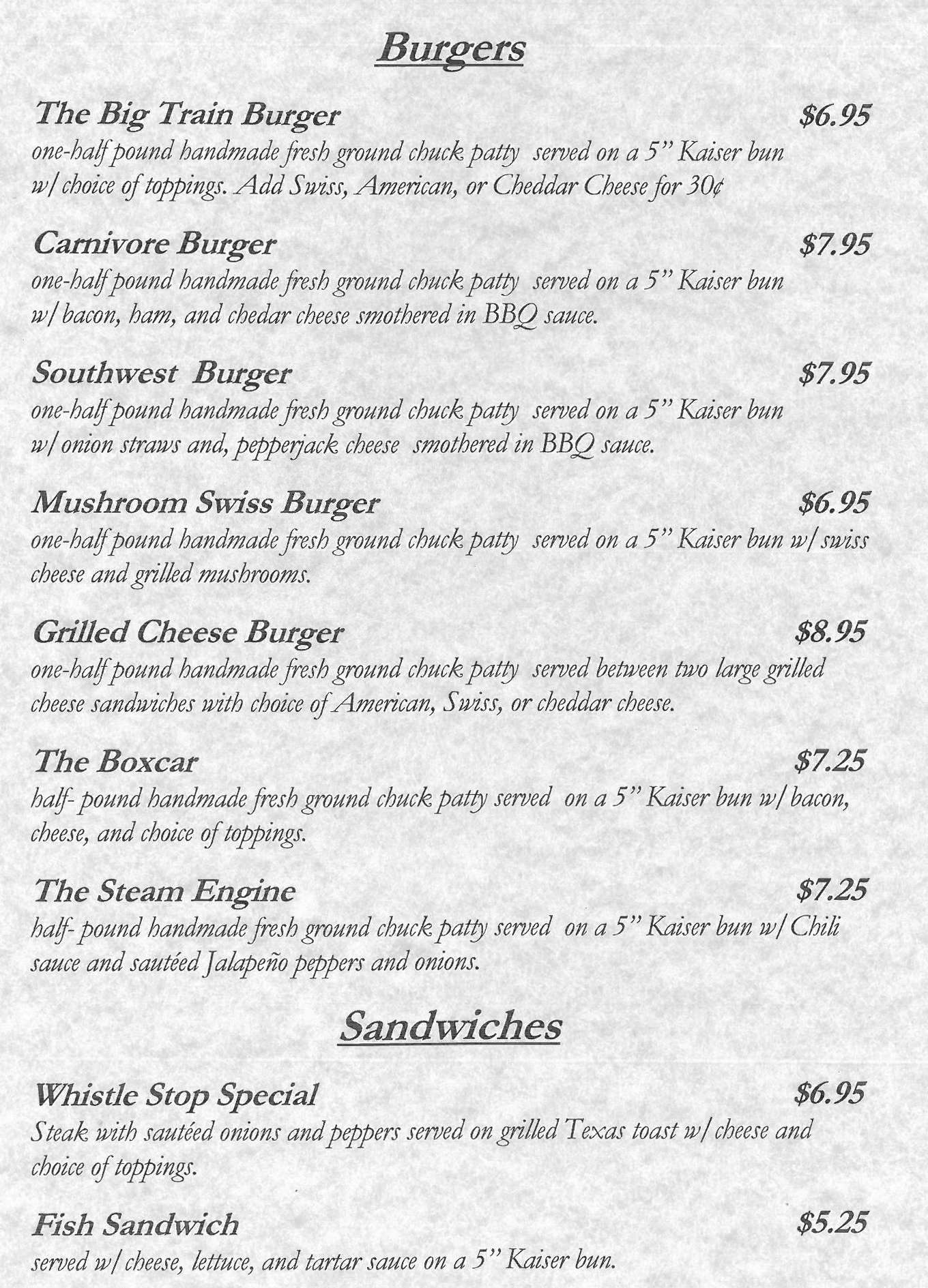 Menu at Whistle Stop Cafe, Buckhannon