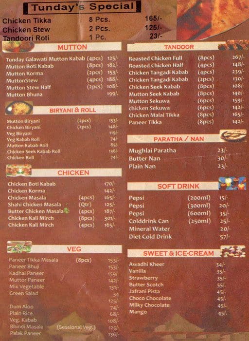 Menu At Tunday Kababi, Patna, Near Boring Road Crossing