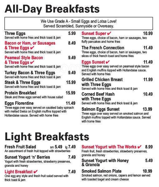 Menu At Sunset Grill Restaurant Burlington Appleby Line