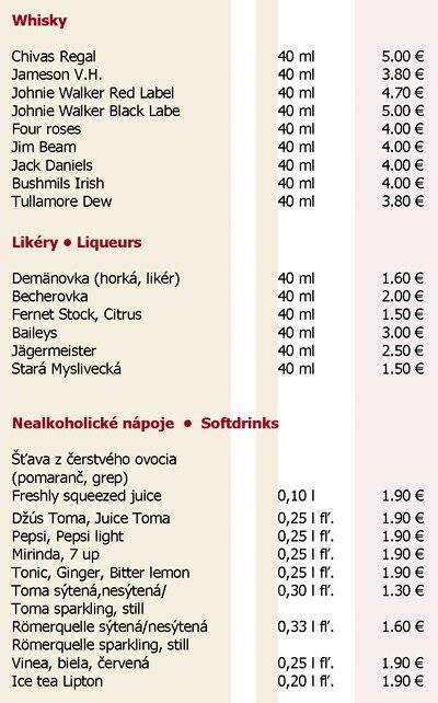 Menu at Apollo Hotel Bratislava pub & bar, Bratislava