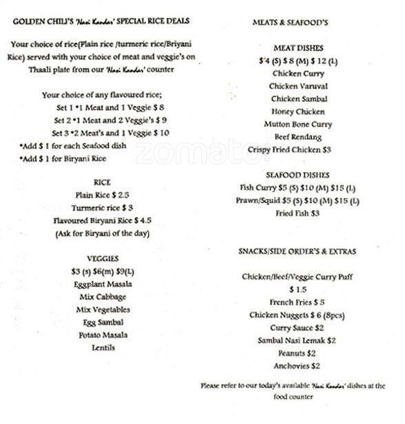 Golden Chili's Menu, Menu for Golden Chili's, Wantirna, Melbourne