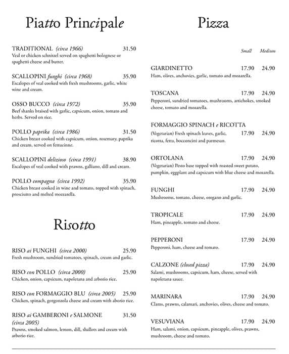 Menu at Giardinetto restaurant, Fortitude Valley