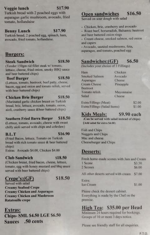 Menu at Driftwood Cafe by the Bay, Victoria Point