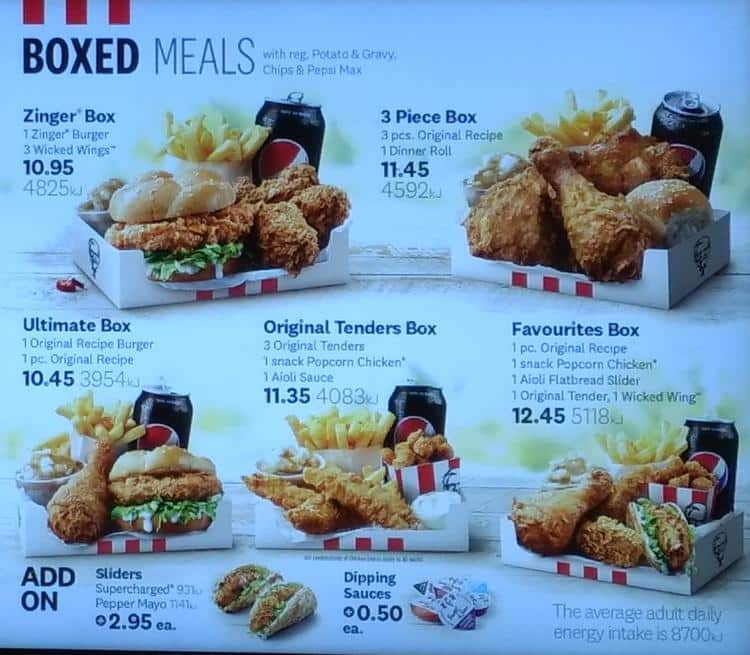 Menu at KFC fast food, Ultimo, 857 George St