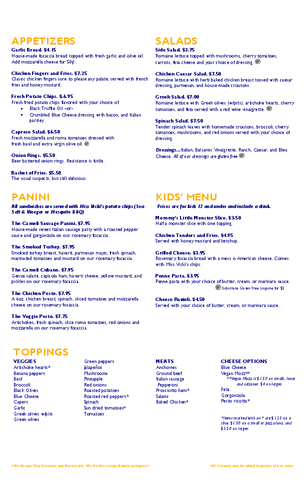 Cameli's Gourmet Pizza Joint Menu Urbanspoon/Zomato
