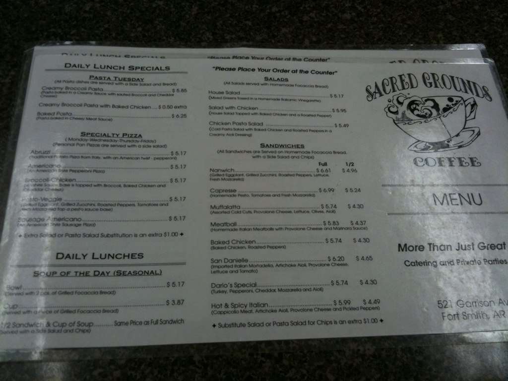 Sacred Grounds Menu, Menu for Sacred Grounds, Fort Smith, Fort Smith