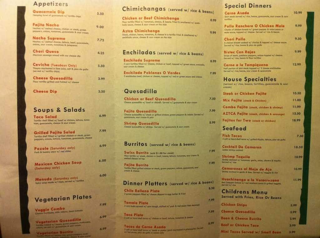 Aztca Mexican Grill Menu For Jerome Aztca Mexican Grill Jerome Menu