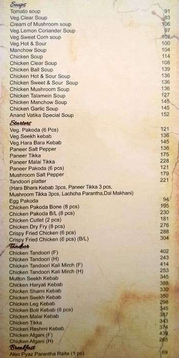 Anand Vatika menu