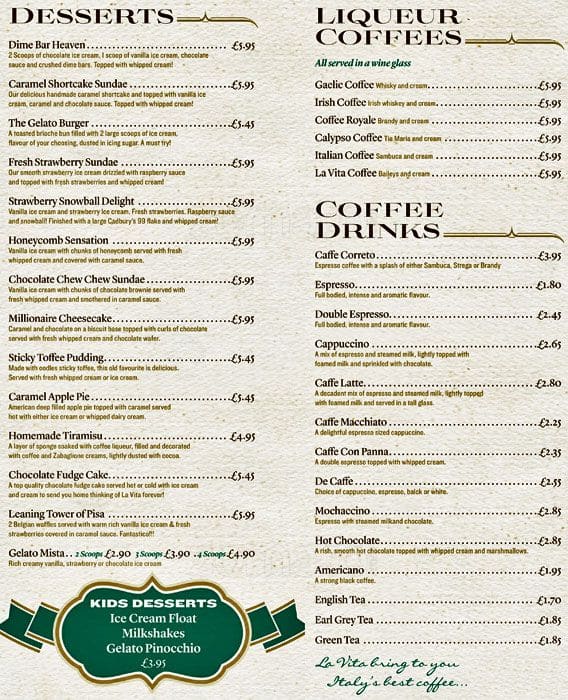 Menu at La Vita pizzeria, Glasgow, 161 Queen St