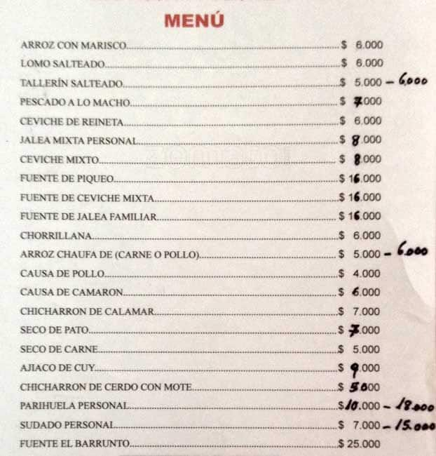 El Barrunto Peruano Menu,Menú para El Barrunto Peruano 