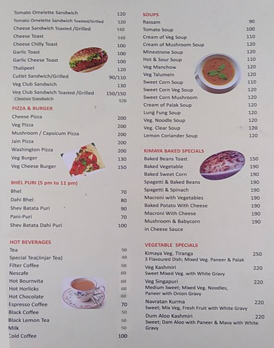 Kimaya Veg Restaurant menu