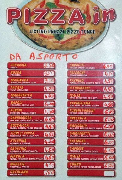 Menu di "Pizza In" dal 1991 