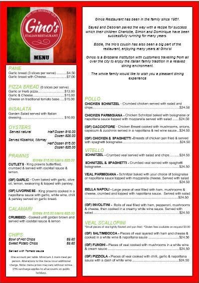 Gino's Italian Restaurant Menu - Urbanspoon/Zomato