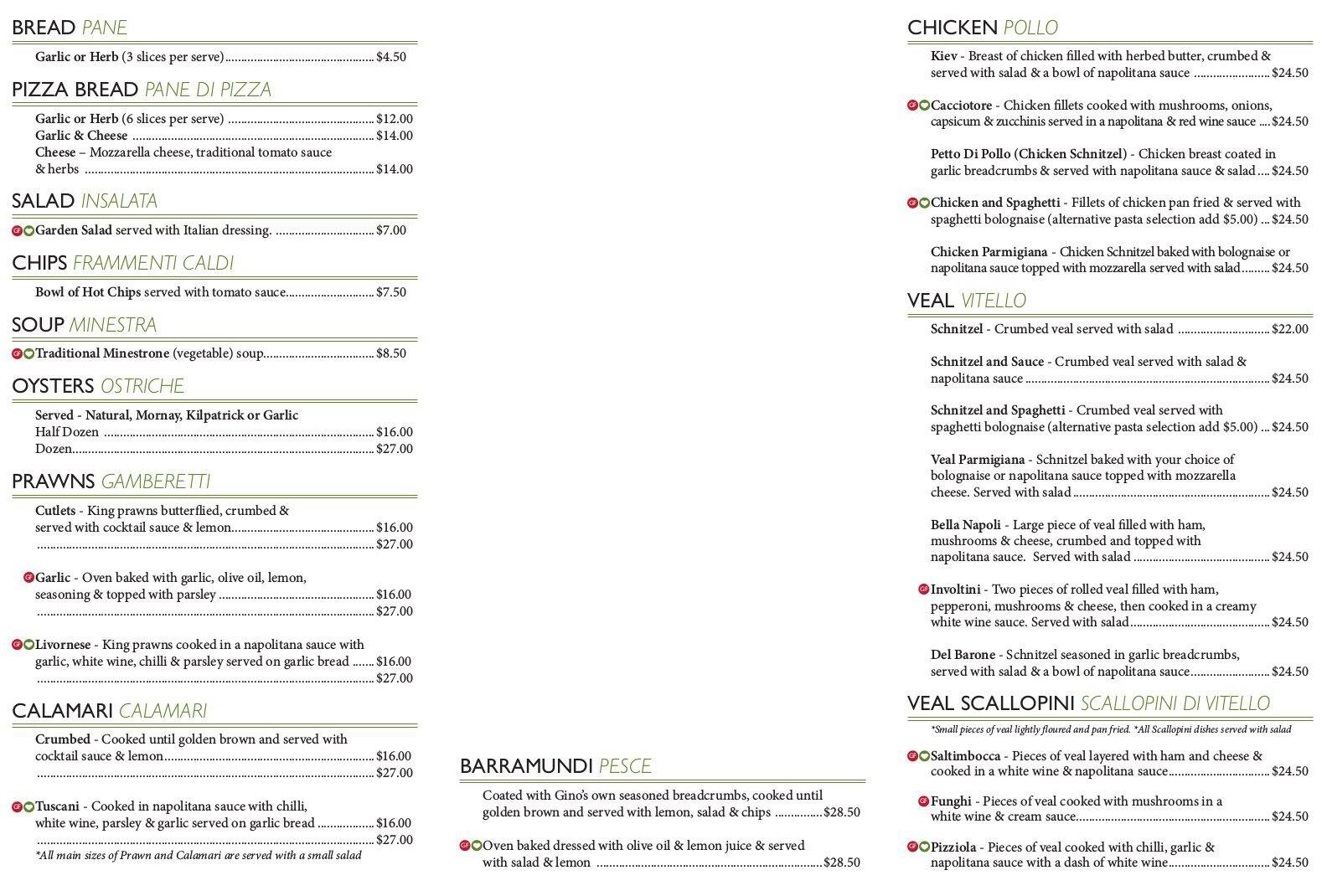 Gino's menu, Menu restauracji Gino's, Ascot & Hamilton, Brisbane