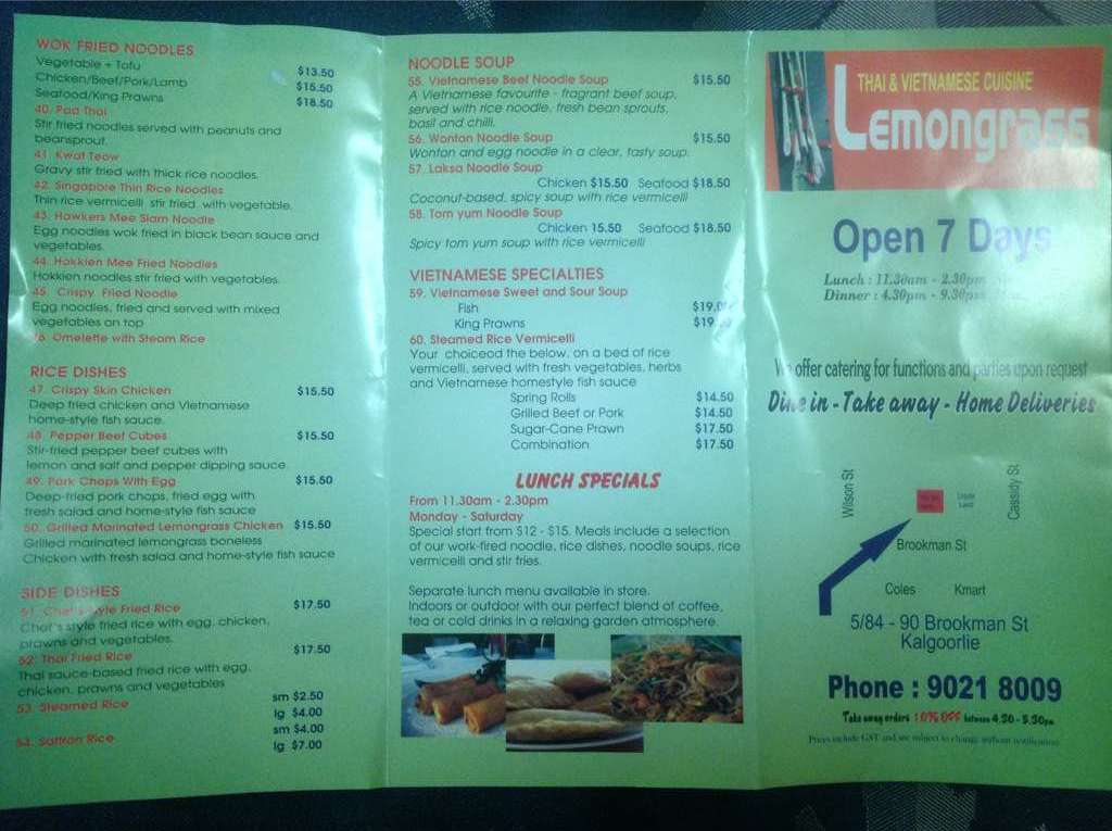 Menu at Lemongrass Thai & Vietnamese Cuisine restaurant, Kalgoorlie