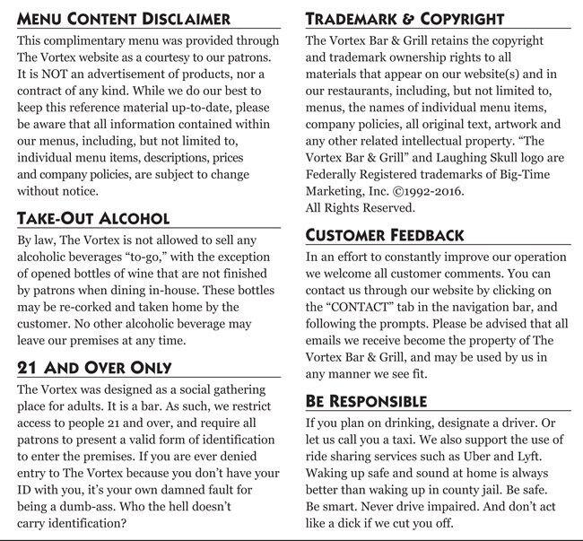 Vortex Bar & Grill Menu, Menu for Vortex Bar & Grill, Little Five
