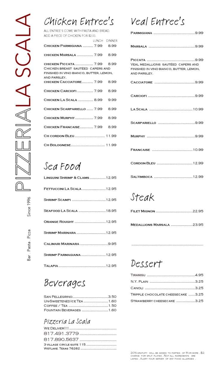 Menu at La Scala Pizzeria, Westlake