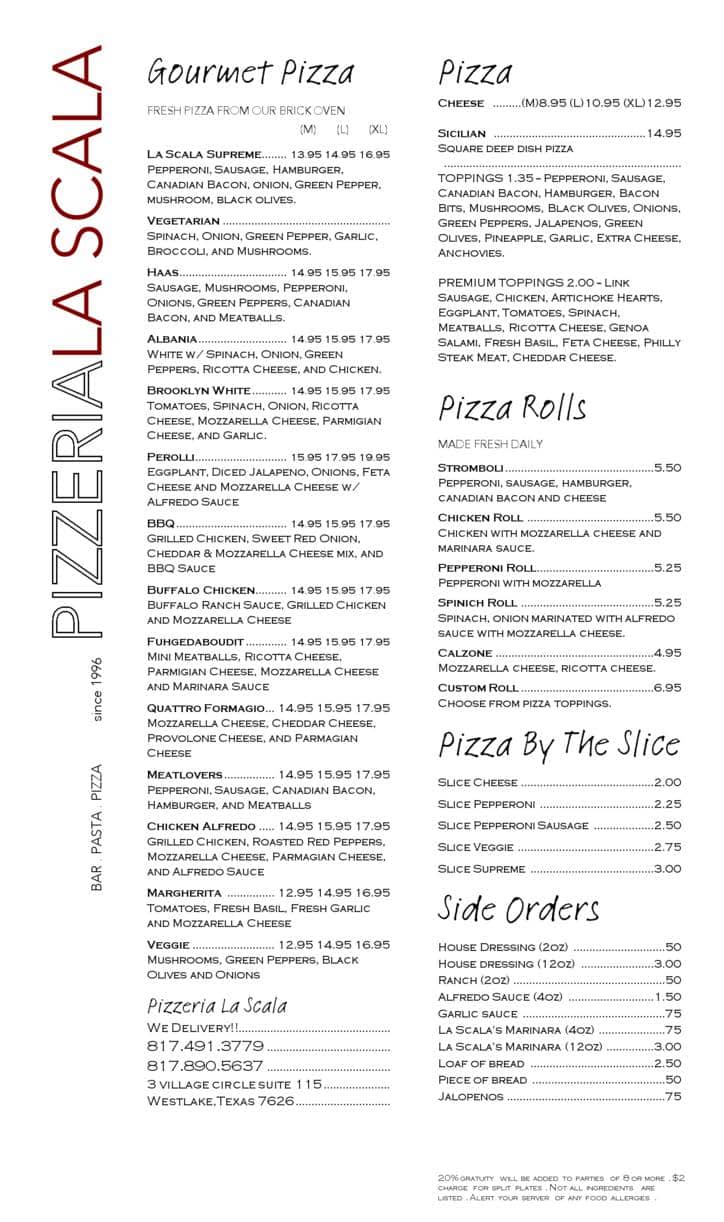 Menu at La Scala Pizzeria, Westlake