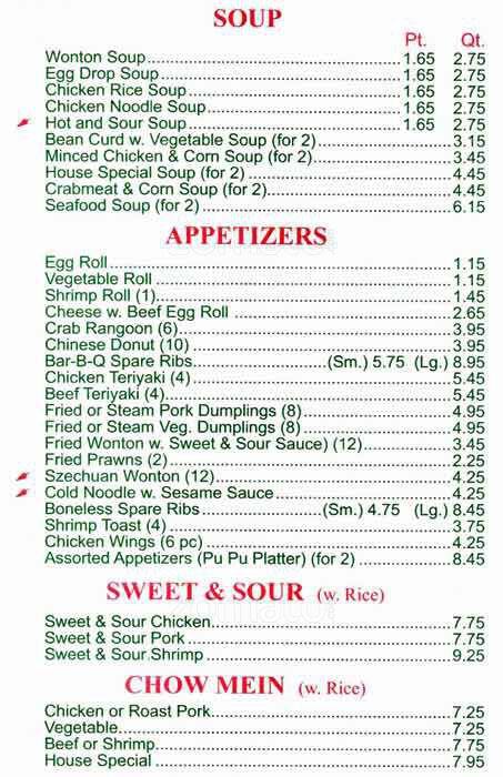 Cottage Restaurant menu