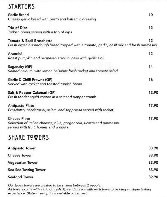 Menu at Sea Sea Mediteranean, Kingscliff