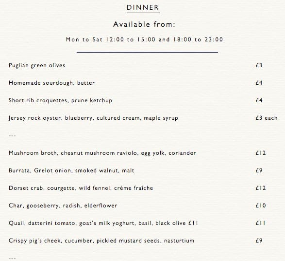 Menu at Jamie Oliver's Fifteen restaurant, London