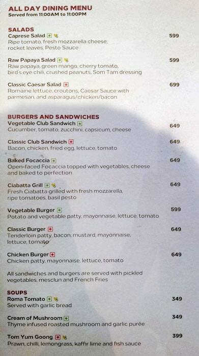 Vasco's - Hilton Chennai menu
