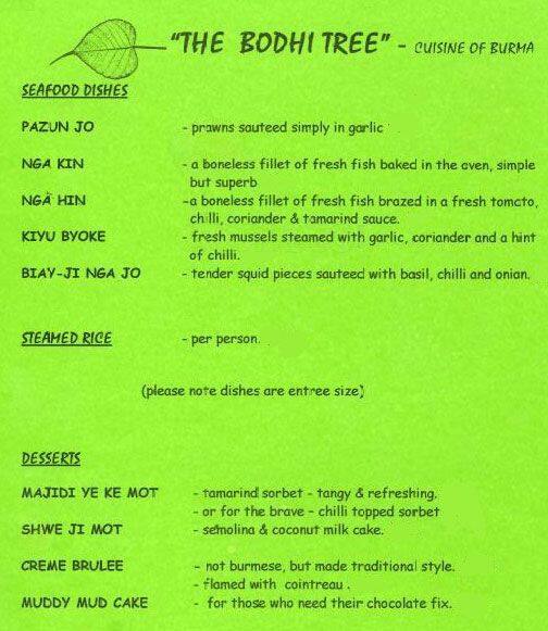 Bodhi Tree Restaurant menu