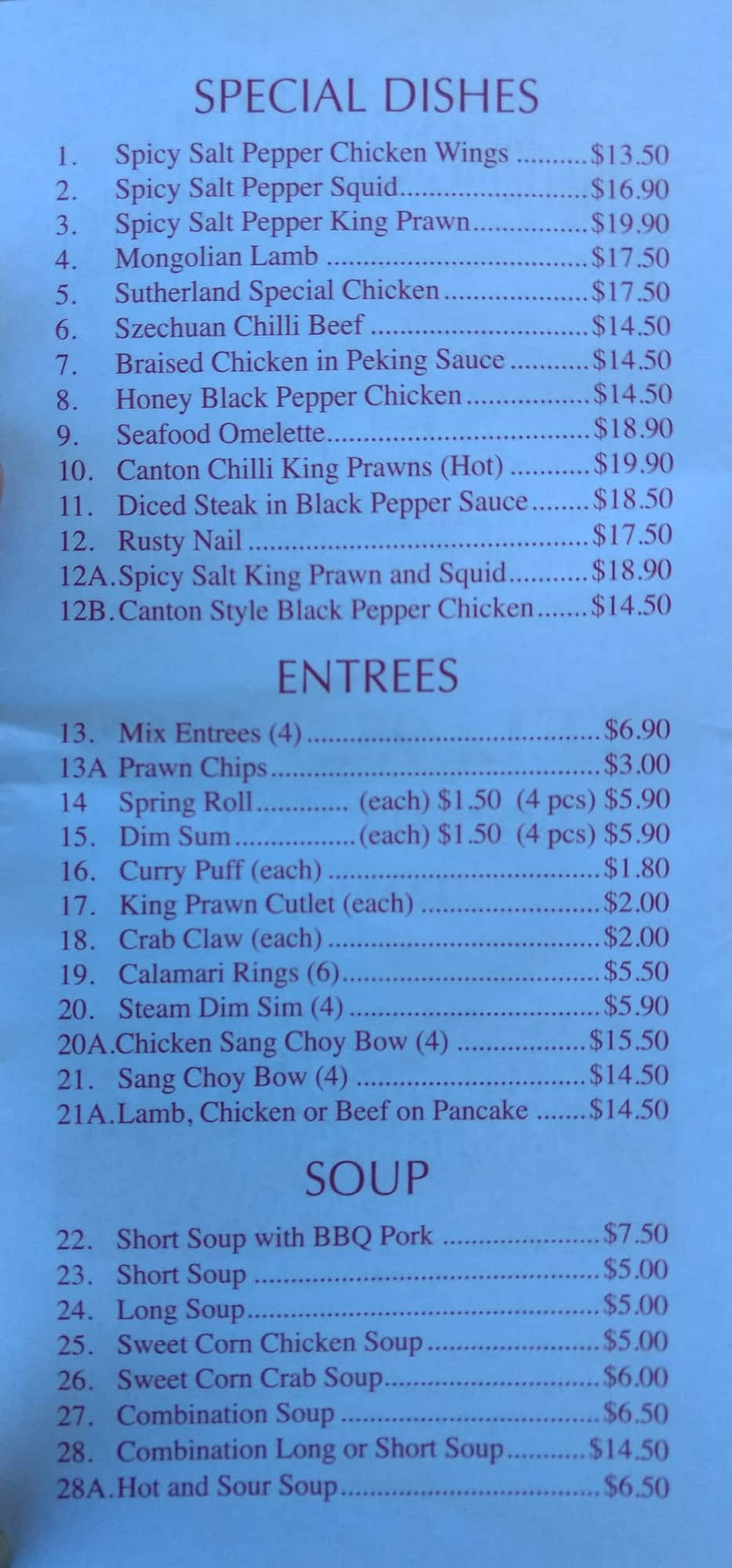 Menu at Sutherland Seafood & Chinese restaurant, Sutherland