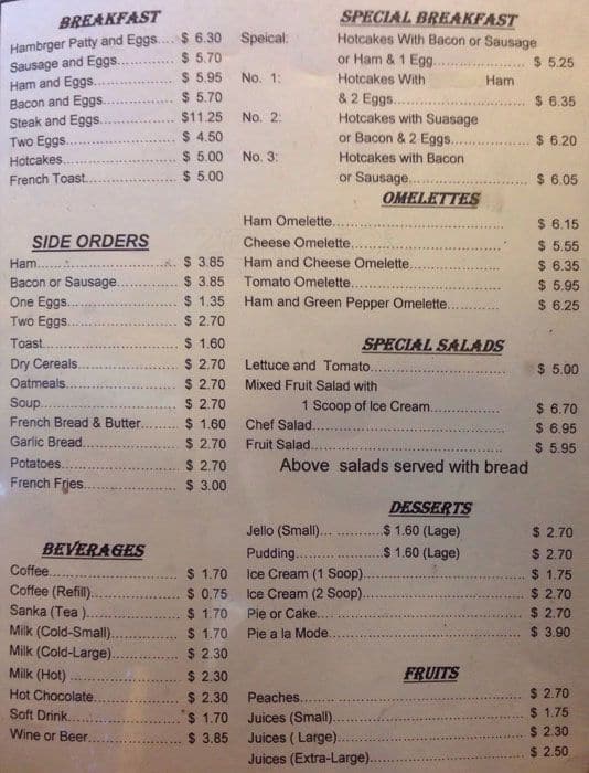 Lafayette Coffee Shop menu, Menu restauracji Lafayette Coffee Shop