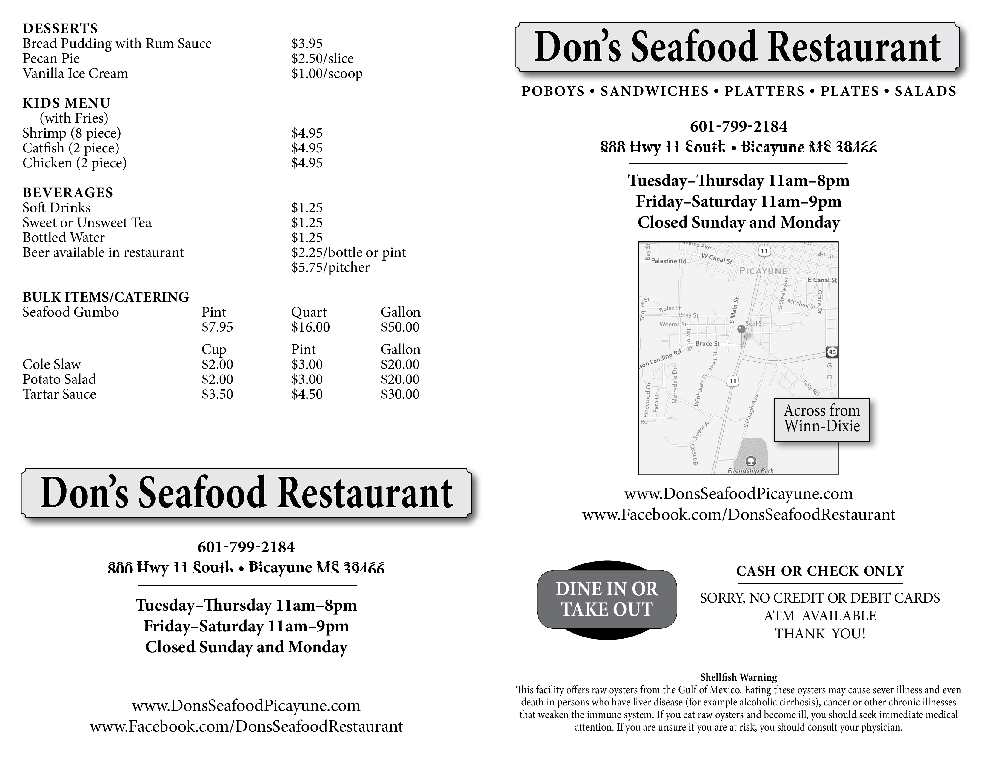 Menu at Don's Seafood restaurant, Picayune, 800 US11