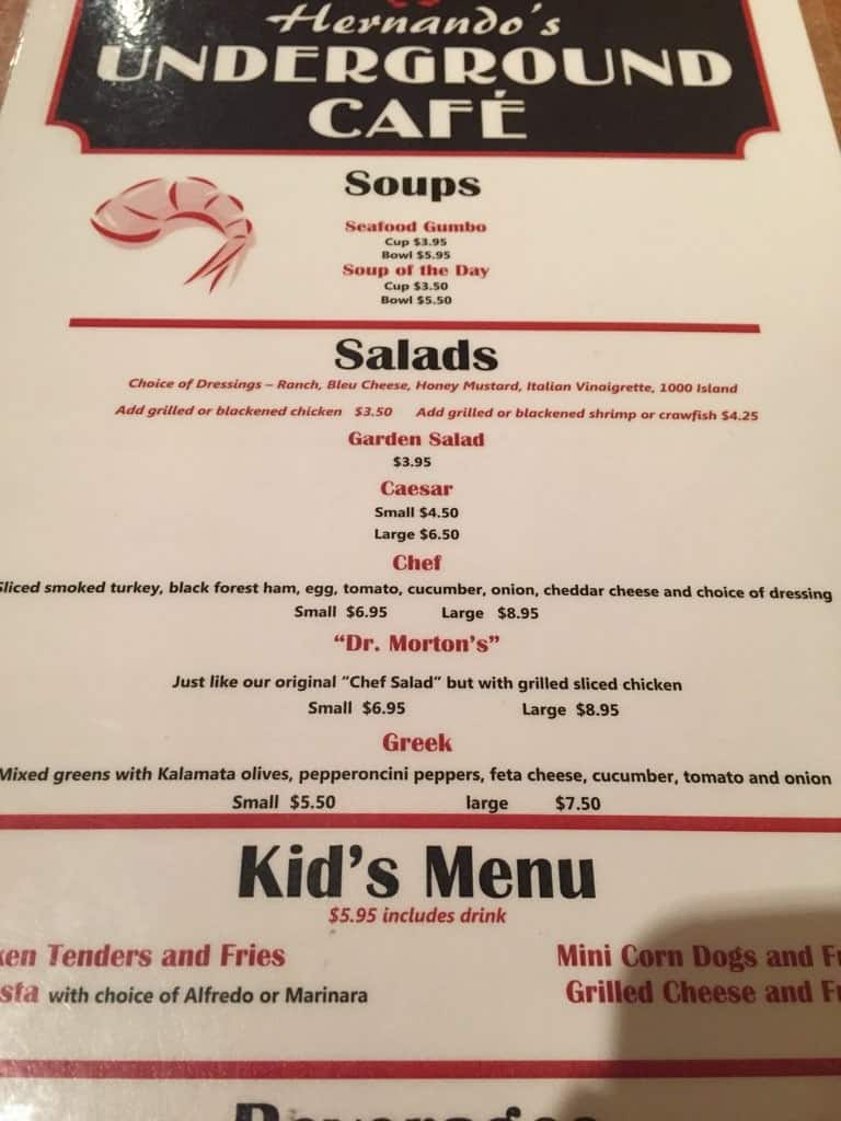 Menu at Underground Cafe, Hernando