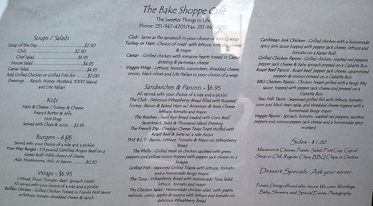 The Bake Shoppe Cafe Menu, Menu for The Bake Shoppe Cafe, Robertsdale
