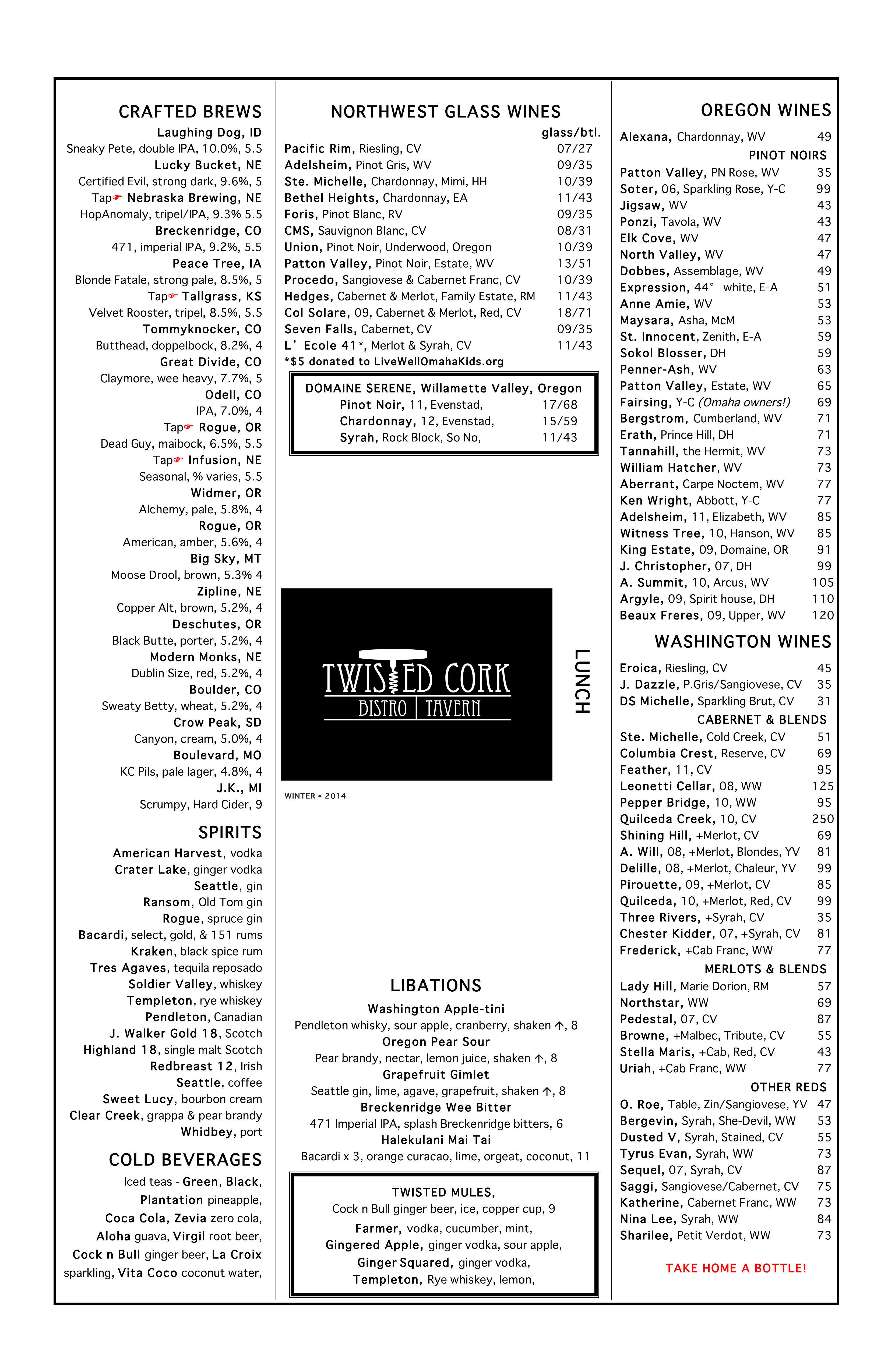 Twisted Cork Bistro Menu, Menu for Twisted Cork Bistro, Regency