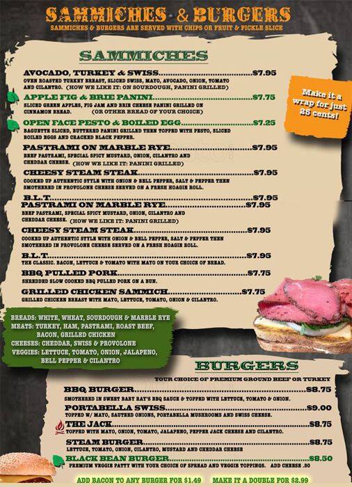 The Steam Menu, Menu for The Steam, Springdale, Northwest Arkansas