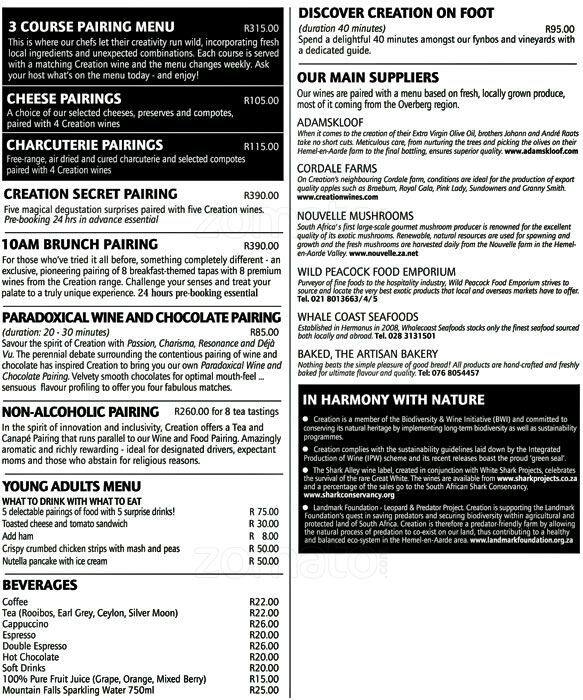 Tasting Room at Creation Menu, Menu for Tasting Room at Creation