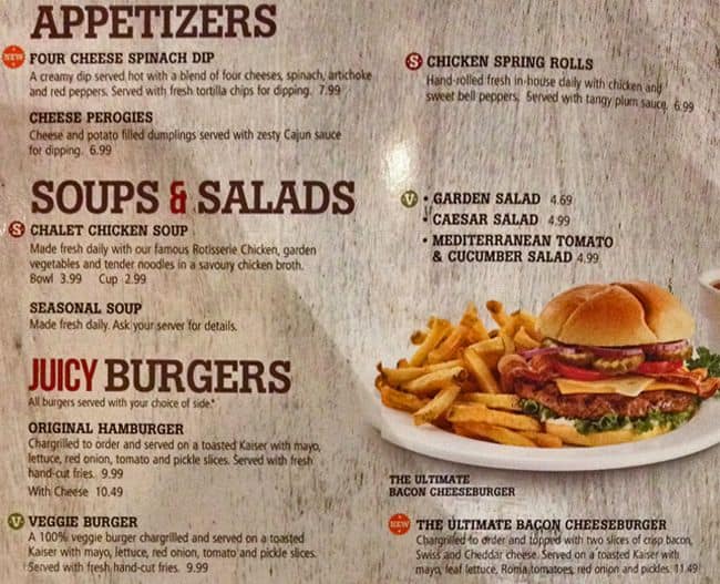 Swiss Chalet Dining Room Menu Prices