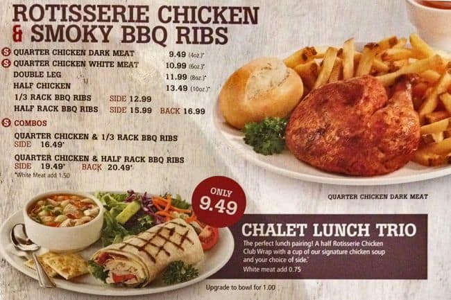 Swiss Chalet Dining Room Menu Prices