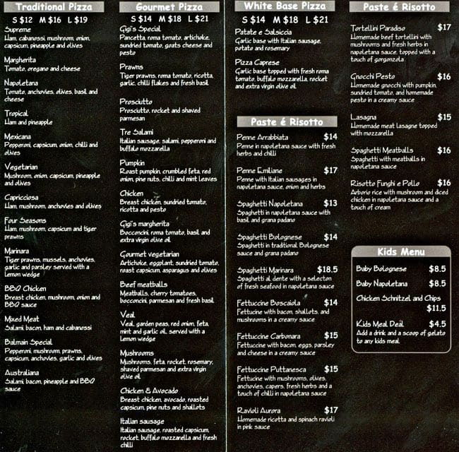 Menu at Gigi's restaurant, Balmain