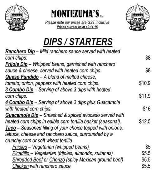 Montezuma's Menu, Menu for Montezuma's, Glenelg, Adelaide Urbanspoon