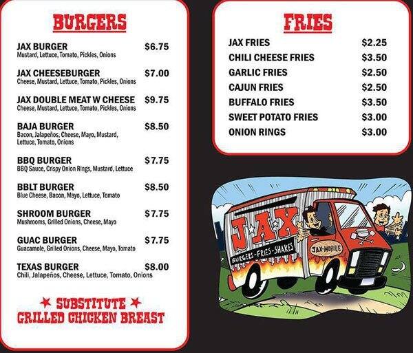 Menu at Jax Burgers Fries & Shakes restaurant, Pearland, Shadow Creek Pkwy