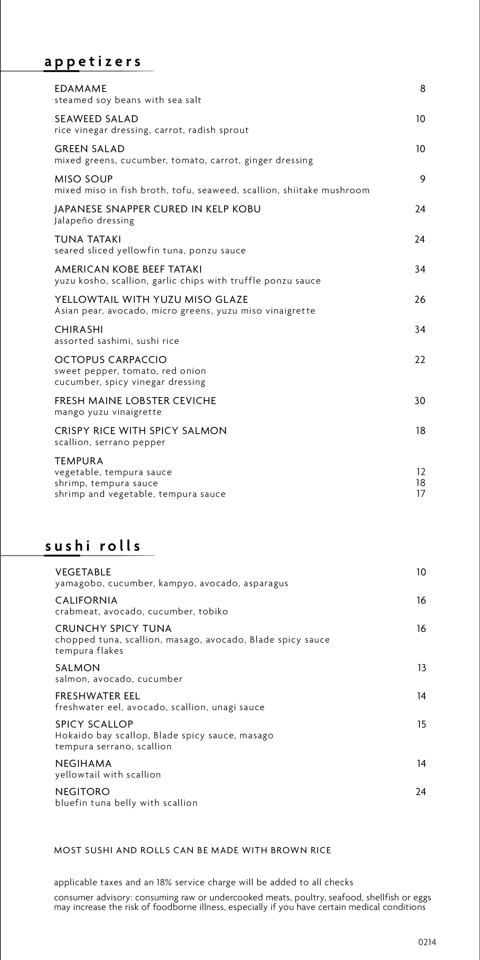 Menu at Blade restaurant, Miami Beach