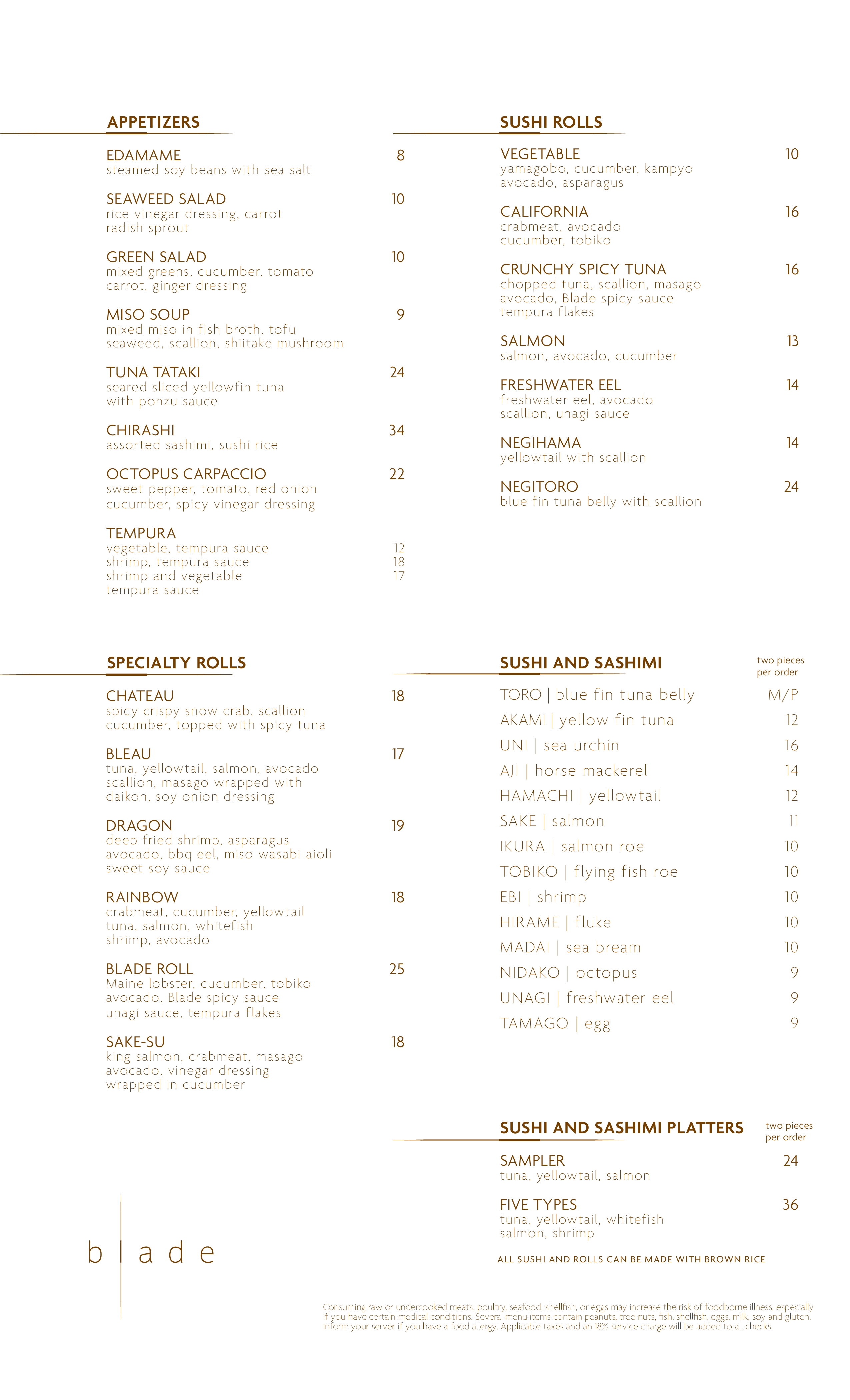 Menu at Blade restaurant, Miami Beach