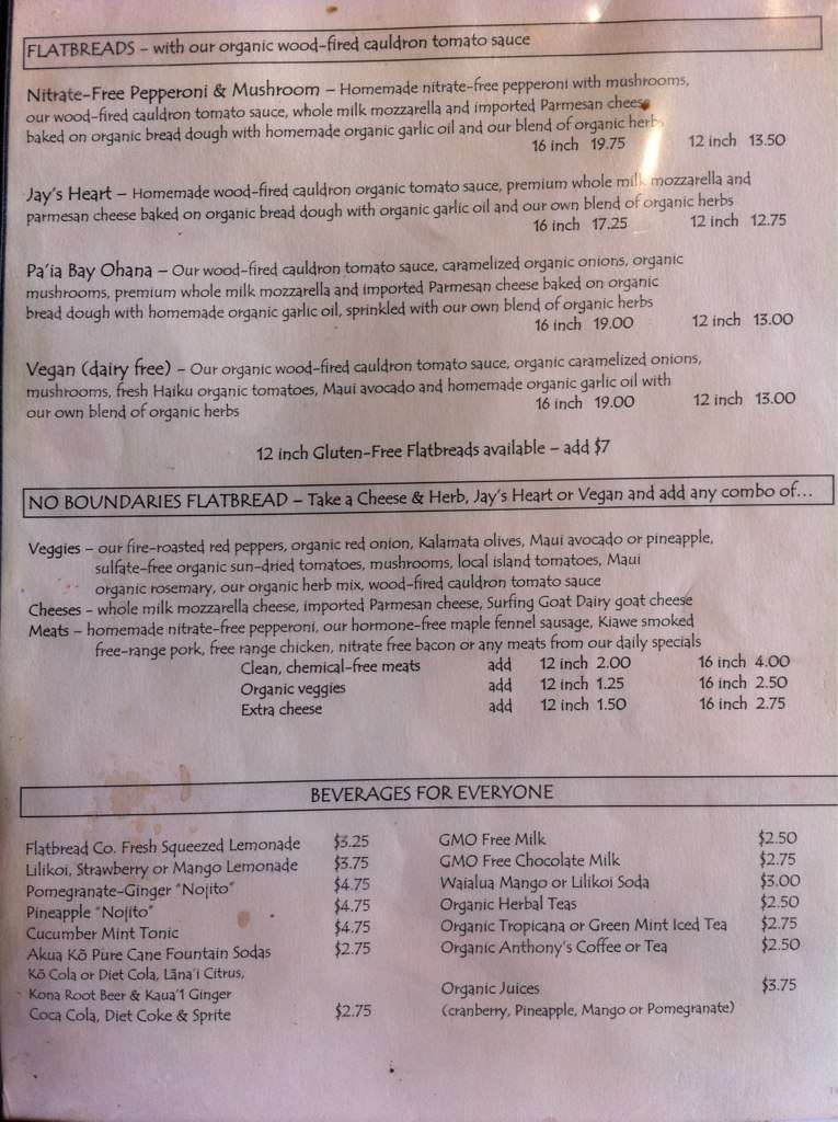 Menu at Flatbread & Company pizzeria, Paia