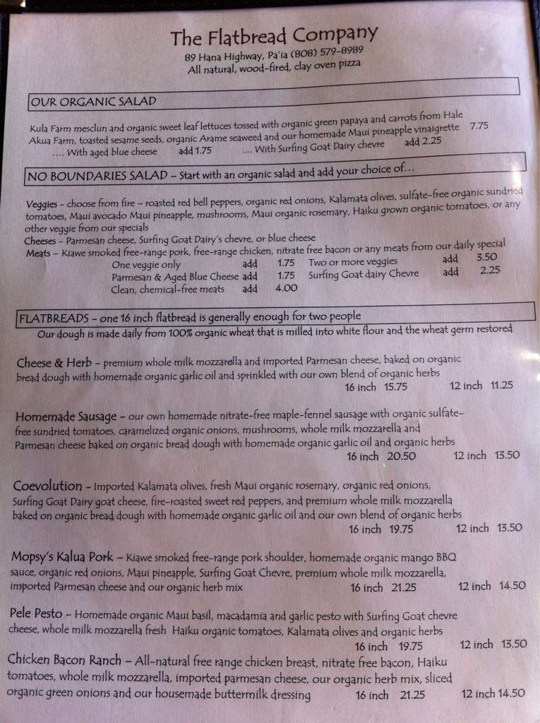 Flatbread Menu, Menu for Flatbread, Paia, Rest of Hawaii Urbanspoon