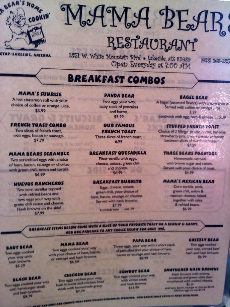 Mama Bears Menu, Menu for Mama Bears,