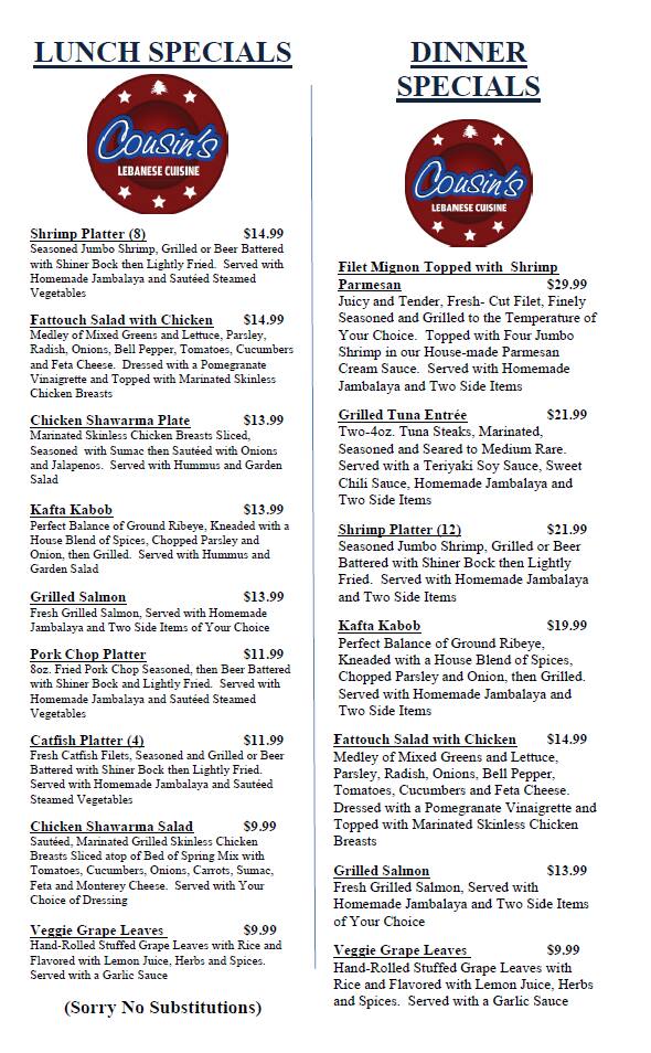 Menu at Cousins Lebanese Cuisine restaurant, Lake Charles